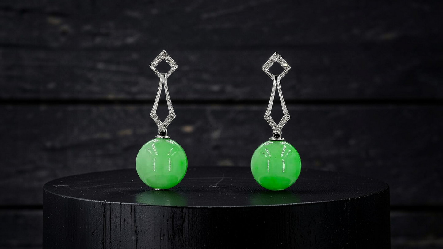 Inazawa 10 mm Dangling Beads Bright Green Burmese A-Jade Earrings (with 18K White Gold and White Diamonds) - Certified