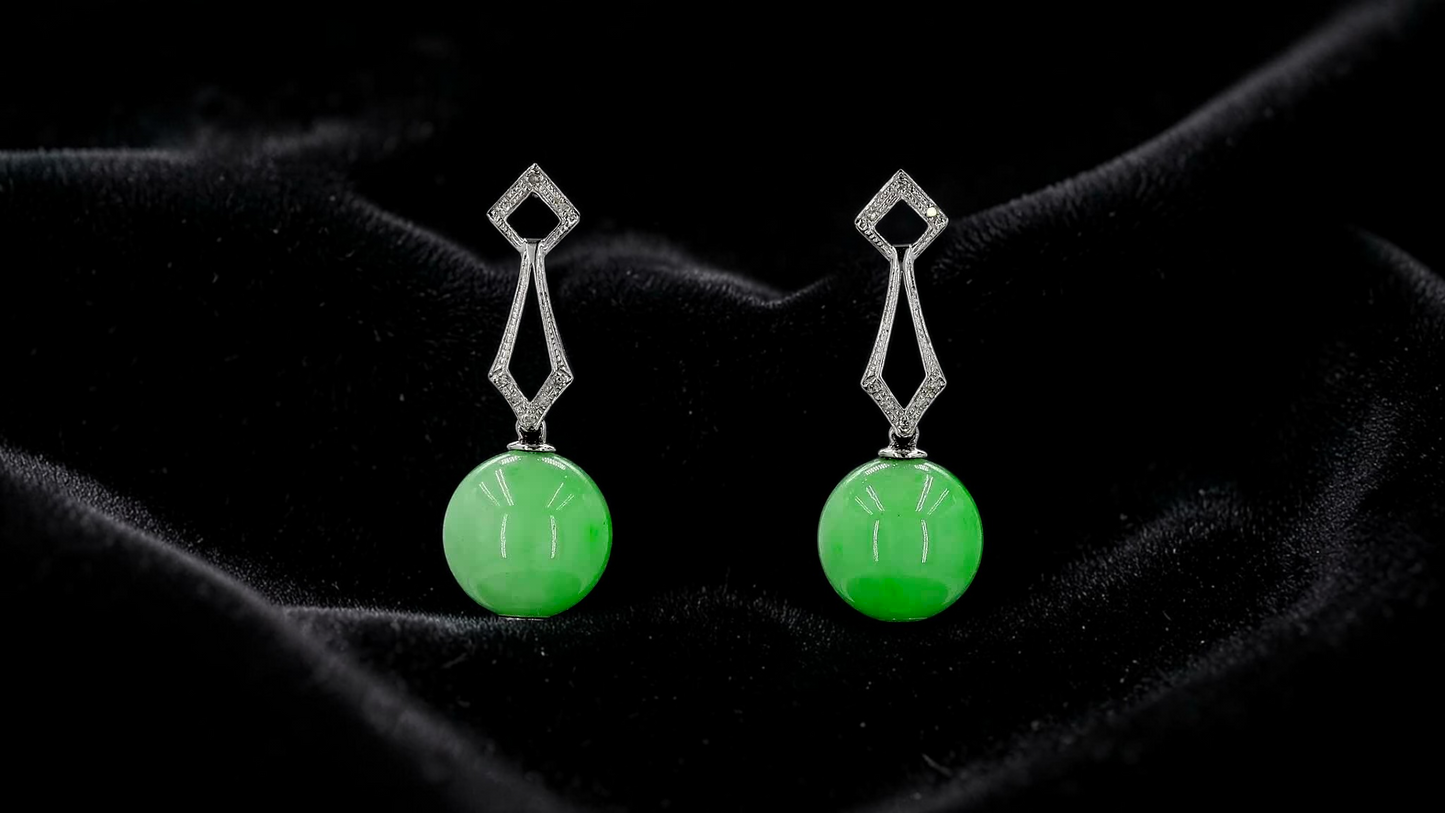 Inazawa 10 mm Dangling Beads Bright Green Burmese A-Jade Earrings (with 18K White Gold and White Diamonds) - Certified