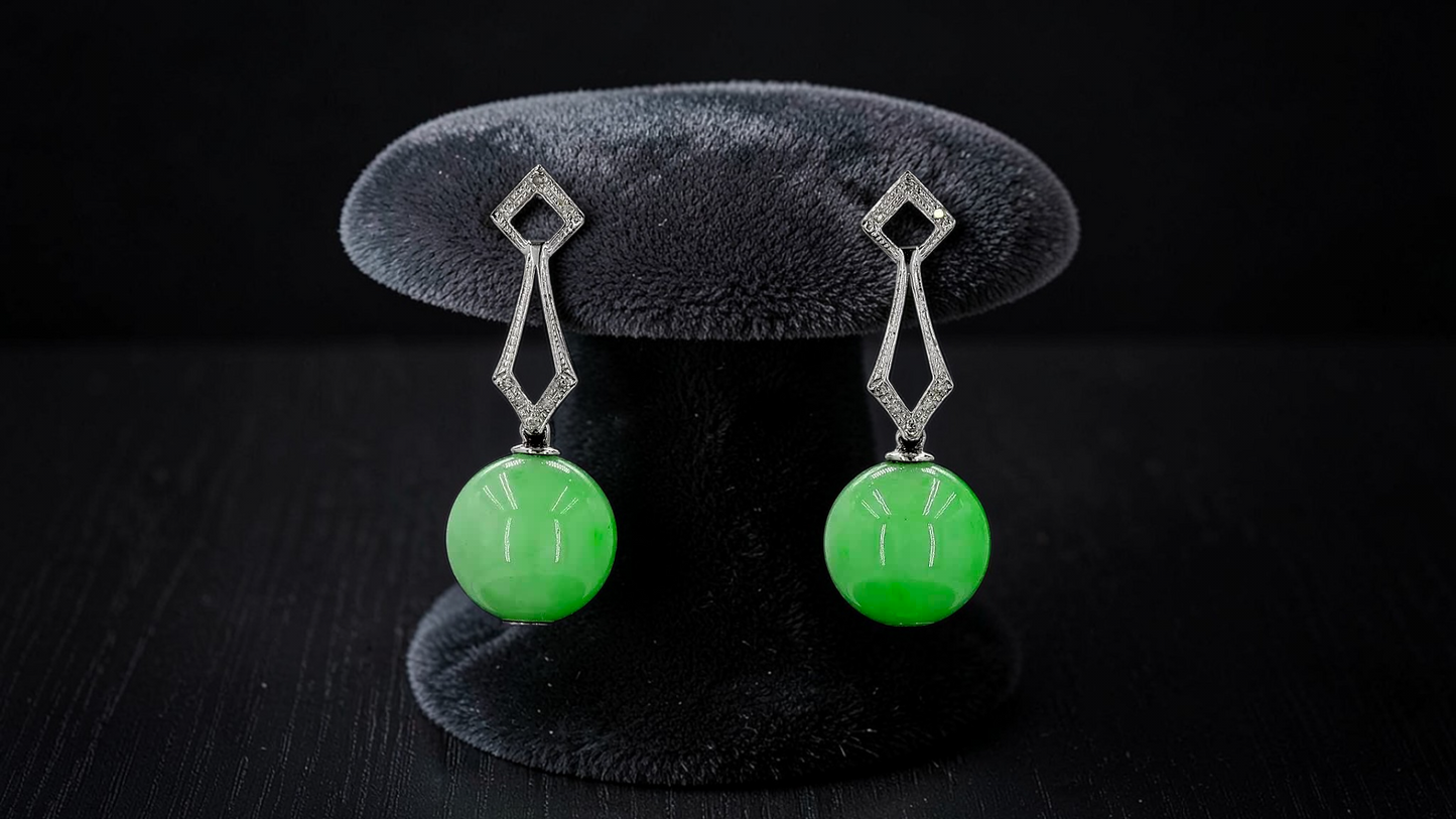 Inazawa 10 mm Dangling Beads Bright Green Burmese A-Jade Earrings (with 18K White Gold and White Diamonds) - Certified
