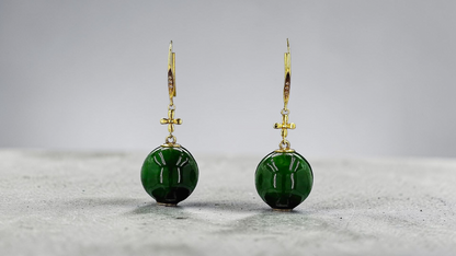 Kiyosu 11.50 mm Dangling Beads Deep Intense Green Burmese A-Jade French Hook Earrings (with 18K Yellow Gold and White Diamonds) - Certified