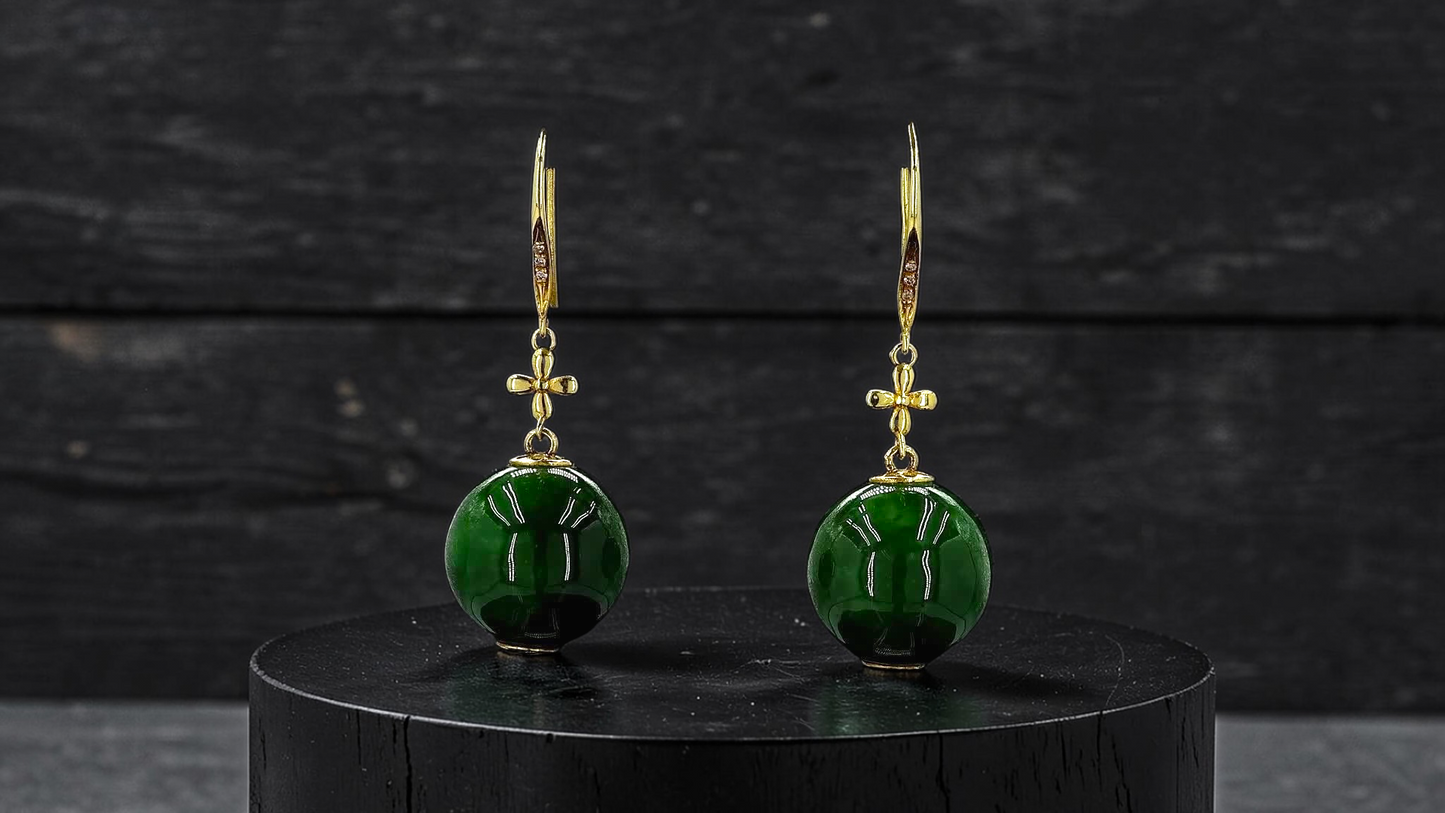 Kiyosu 11.50 mm Dangling Beads Deep Intense Green Burmese A-Jade French Hook Earrings (with 18K Yellow Gold and White Diamonds) - Certified