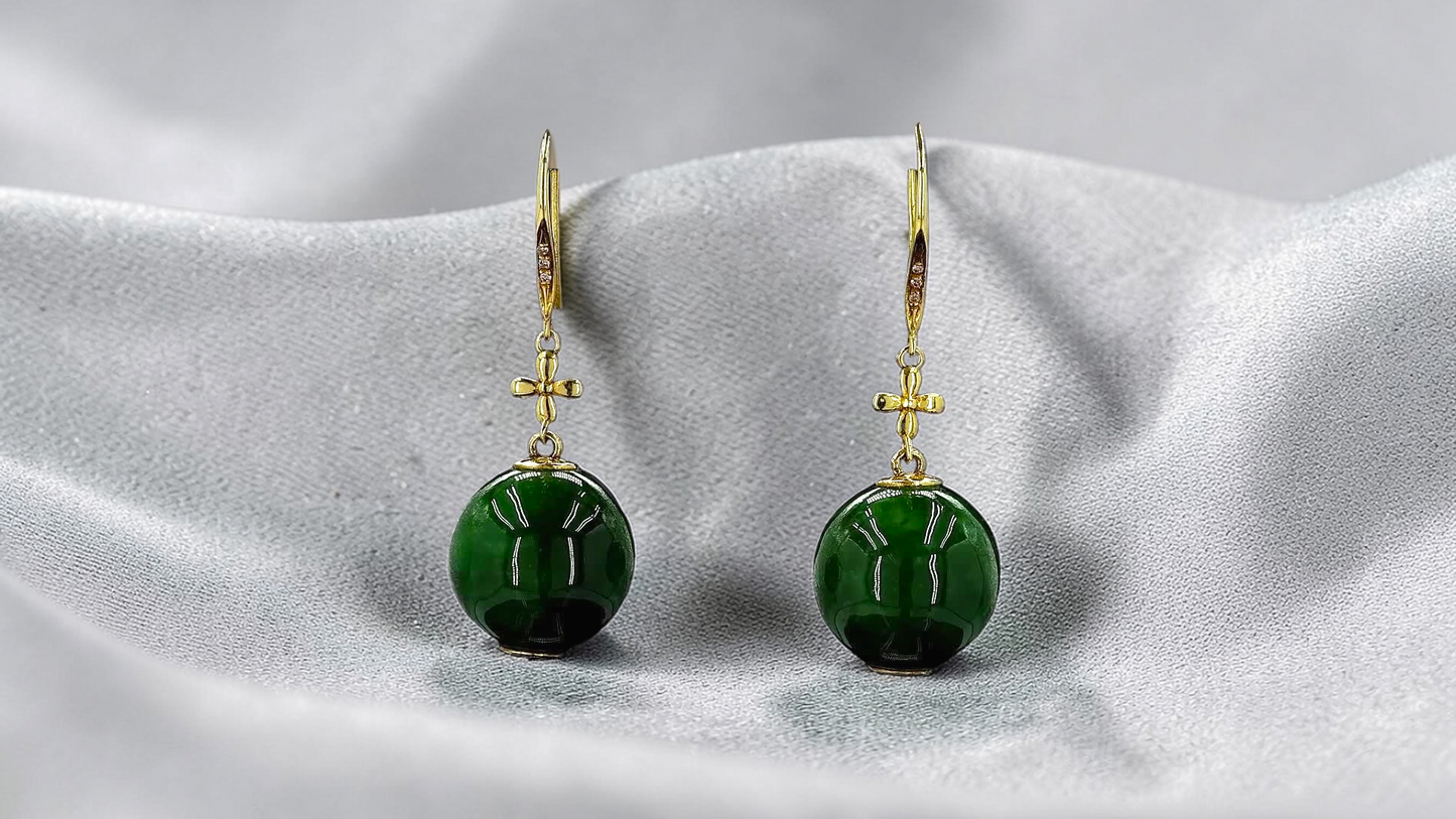 Kiyosu 11.50 mm Dangling Beads Deep Intense Green Burmese A-Jade French Hook Earrings (with 18K Yellow Gold and White Diamonds) - Certified