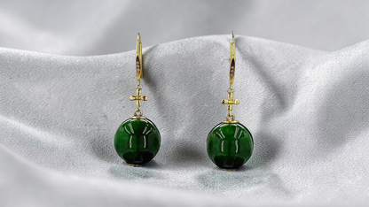 Kiyosu 11.50 mm Dangling Beads Deep Intense Green Burmese A-Jade French Hook Earrings (with 18K Yellow Gold and White Diamonds) - Certified
