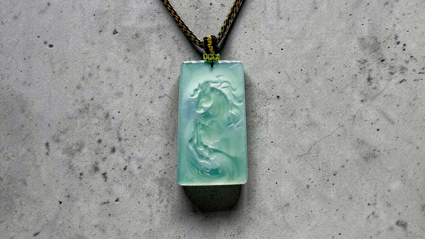 Iwakura Carved Horse Icy Blue Green Burmese A-Jadeite Pendant - Certified