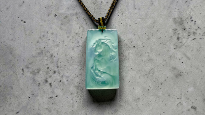 Iwakura Carved Horse Icy Blue Green Burmese A-Jadeite Pendant - Certified