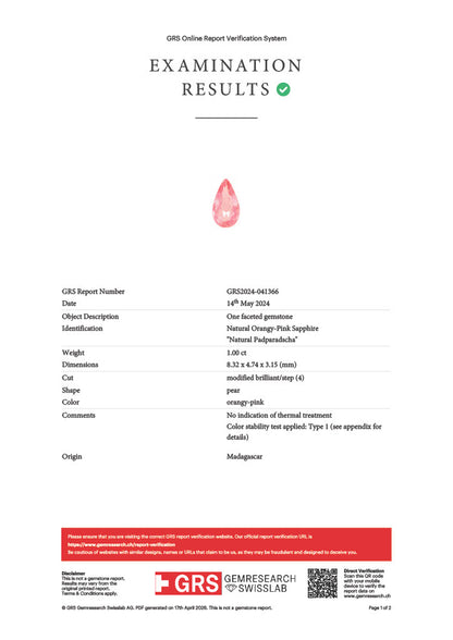 Aisai Certified 1.00 cts. No Heat Natural Padparadscha Sapphire Ring (with 18K White Gold and Natural White Diamonds) Size US 8  - R20