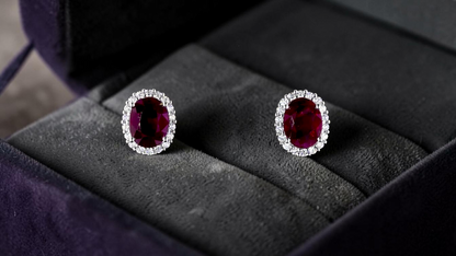 Eternal Sunshine 2.50 cts. Deep Vivid Red Ruby Stud Earrings (with Natural White Diamonds Halo and 18K White Gold) - V6