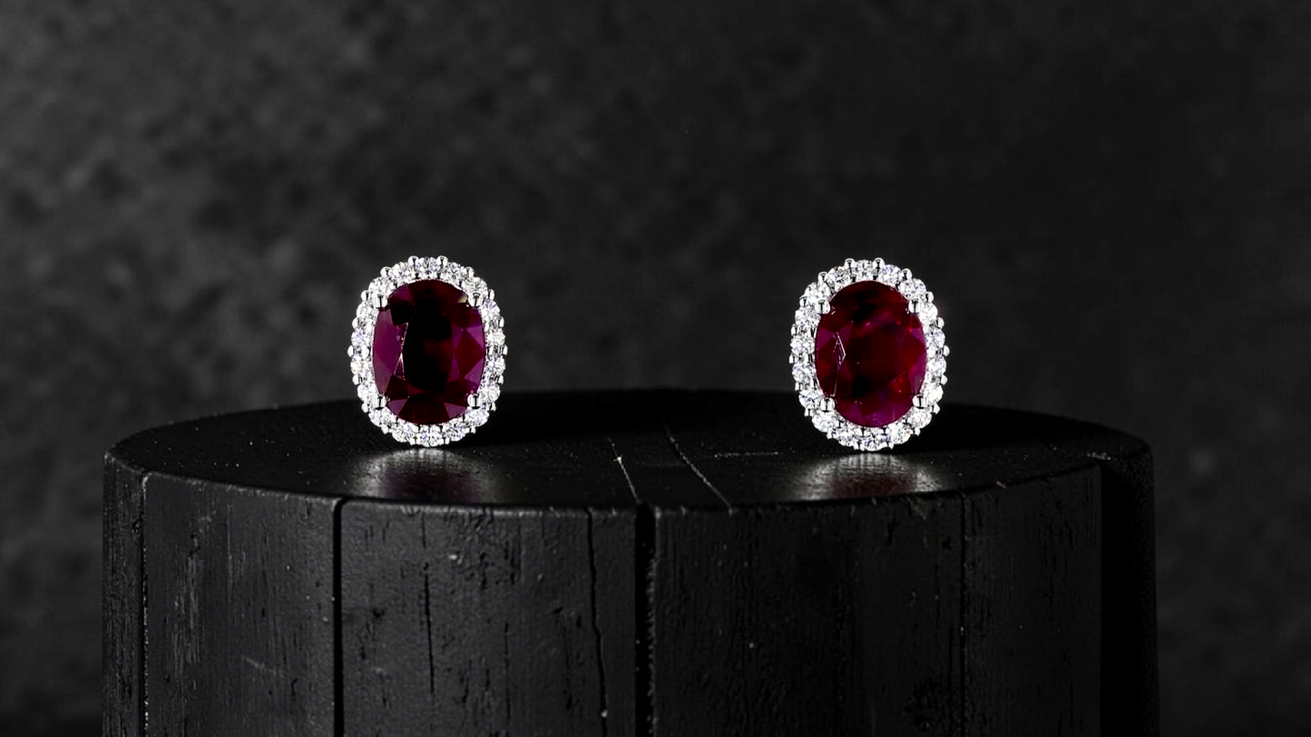 Eternal Sunshine 2.50 cts. Deep Vivid Red Ruby Stud Earrings (with Natural White Diamonds Halo and 18K White Gold) - V6