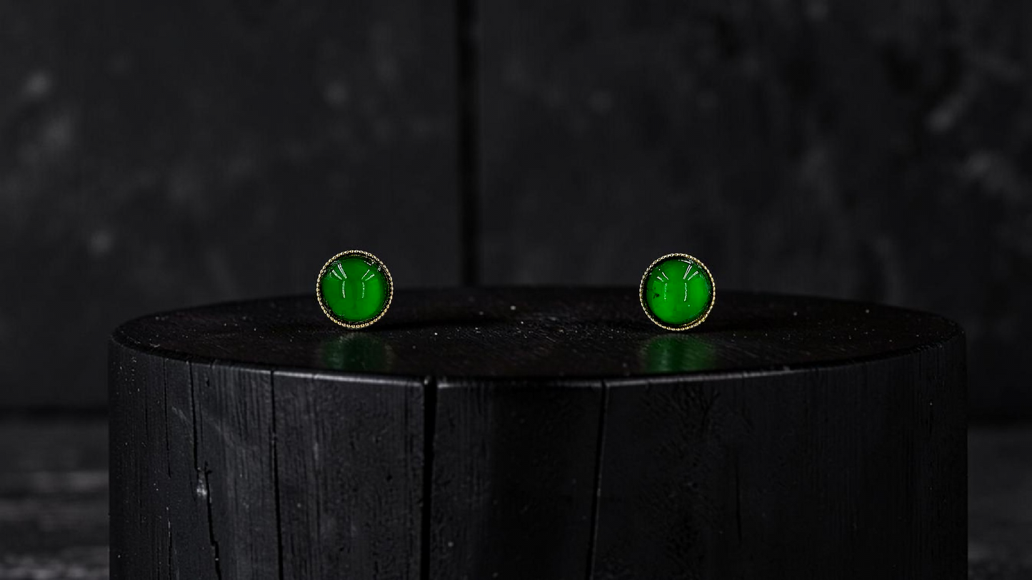 Vert Vivid-Imperial Green Burmese A-Jade Stud Earrings (with 18K Yellow Gold) - Certified V2