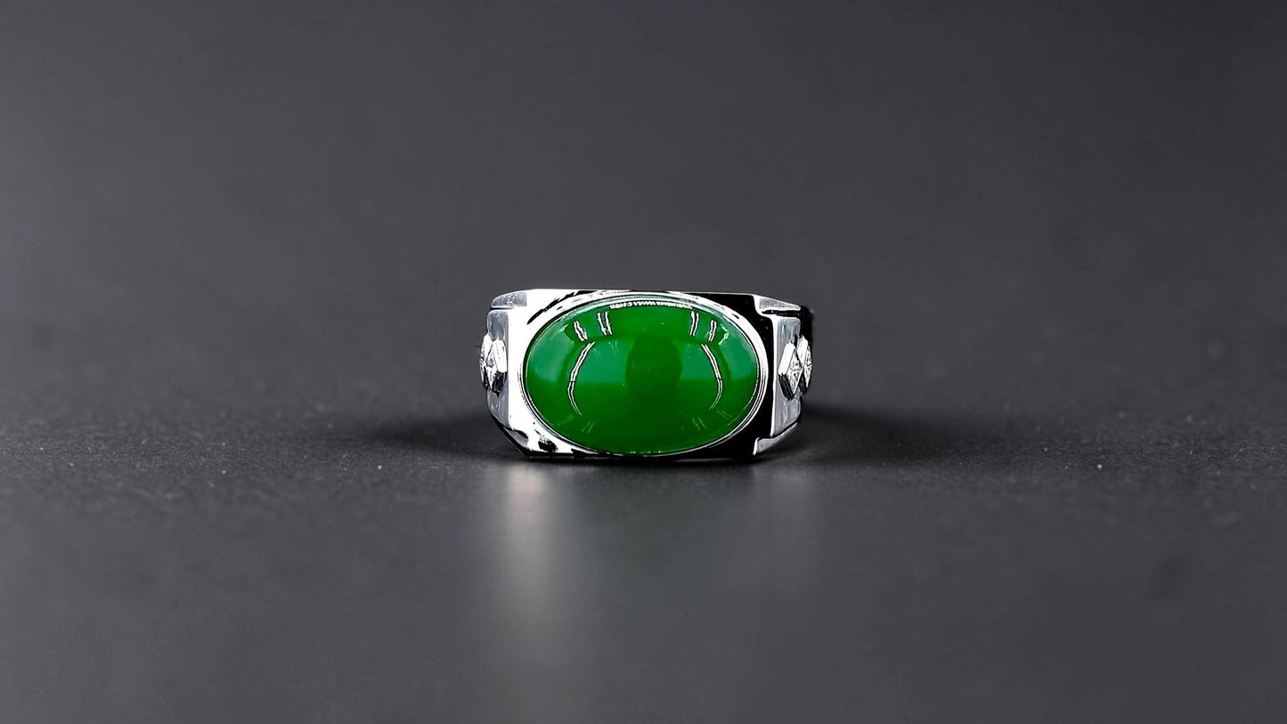 Chita MADE IN JAPAN 8.80 cts. Certified Intense Green Burmese A-Jadeite Men's Ring (18K White Gold and White Diamonds) Size US9.5  - R25