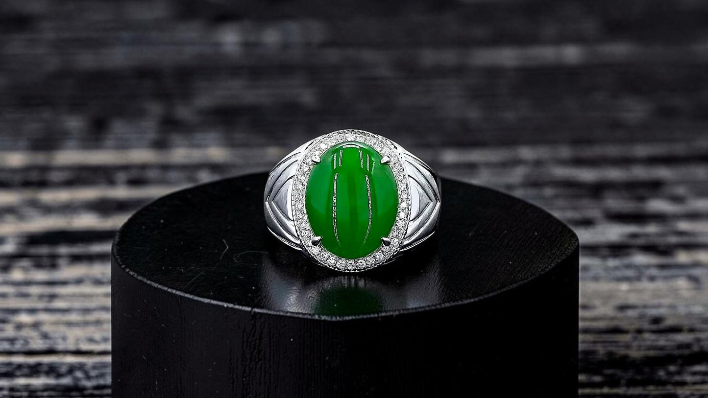 Chiba MADE IN JAPAN 7.42 cts. Certified Vivid Apple Green Burmese A-Jadeite Ring (with 18K White Gold and White Diamonds) Size US9.5  - R26