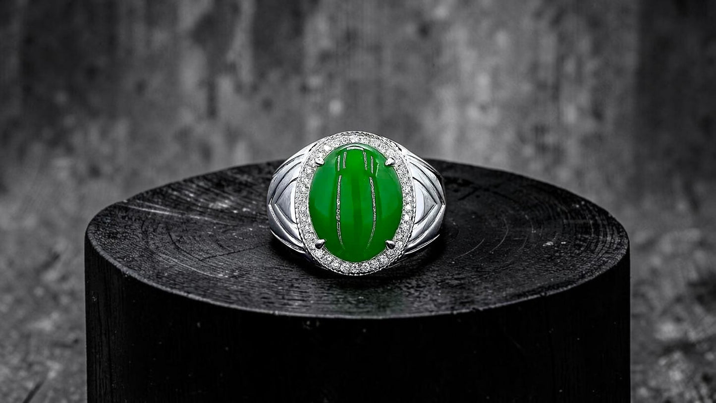Chiba MADE IN JAPAN 7.42 cts. Certified Vivid Apple Green Burmese A-Jadeite Ring (with 18K White Gold and White Diamonds) Size US9.5  - R26