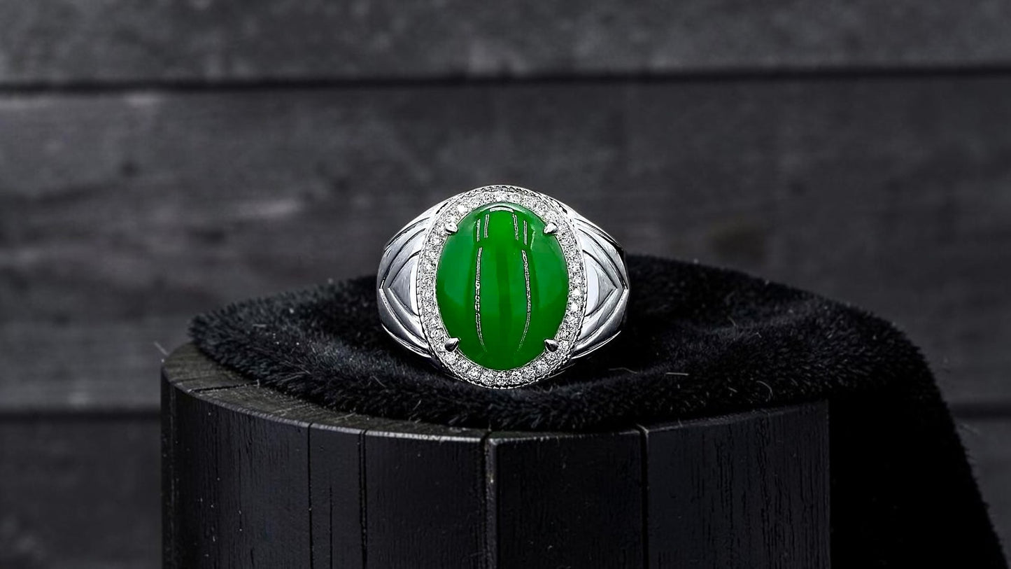 Chiba MADE IN JAPAN 7.42 cts. Certified Vivid Apple Green Burmese A-Jadeite Ring (with 18K White Gold and White Diamonds) Size US9.5  - R26