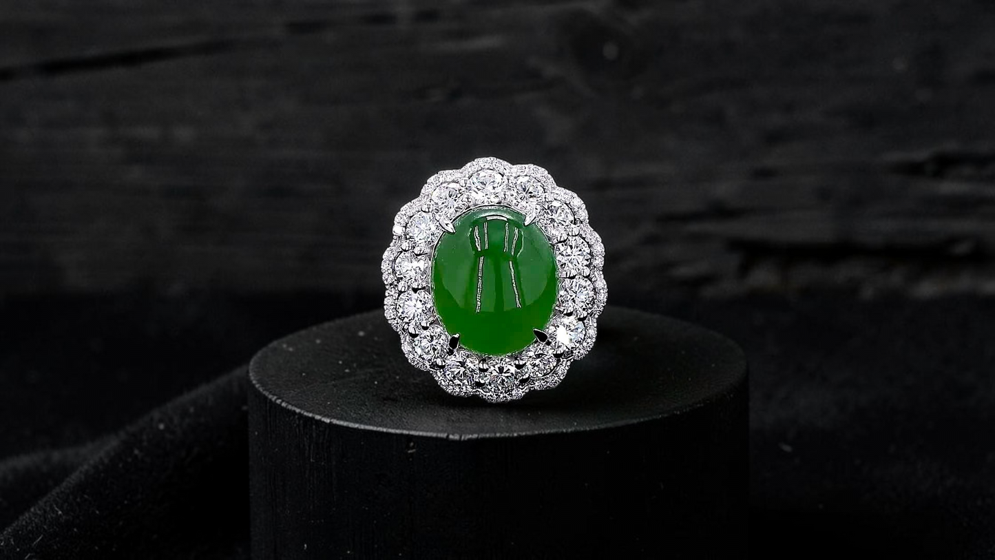 Shinshiro MADE IN JAPAN 6.88 cts. Certified Intense Icy Green Burmese A-Jadeite Ring (with 18K White Gold and White Diamonds) Size US7 - R27