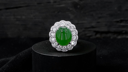Shinshiro MADE IN JAPAN 6.88 cts. Certified Intense Icy Green Burmese A-Jadeite Ring (with 18K White Gold and White Diamonds) Size US7 - R27