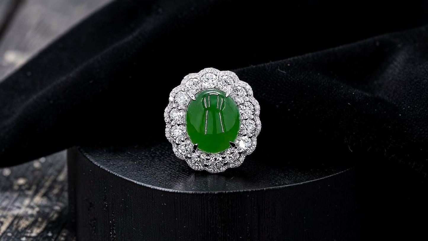 Shinshiro MADE IN JAPAN 6.88 cts. Certified Intense Icy Green Burmese A-Jadeite Ring (with 18K White Gold and White Diamonds) Size US7 - R27