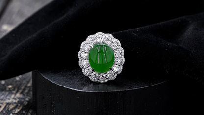 Shinshiro MADE IN JAPAN 6.88 cts. Certified Intense Icy Green Burmese A-Jadeite Ring (with 18K White Gold and White Diamonds) Size US7 - R27