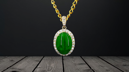 Toyoake MADE IN JAPAN 5.05 cts. Certified Bright Imperial Green Burmese A-Jadeite Pendant (with 18K Yellow Gold and White Diamonds)