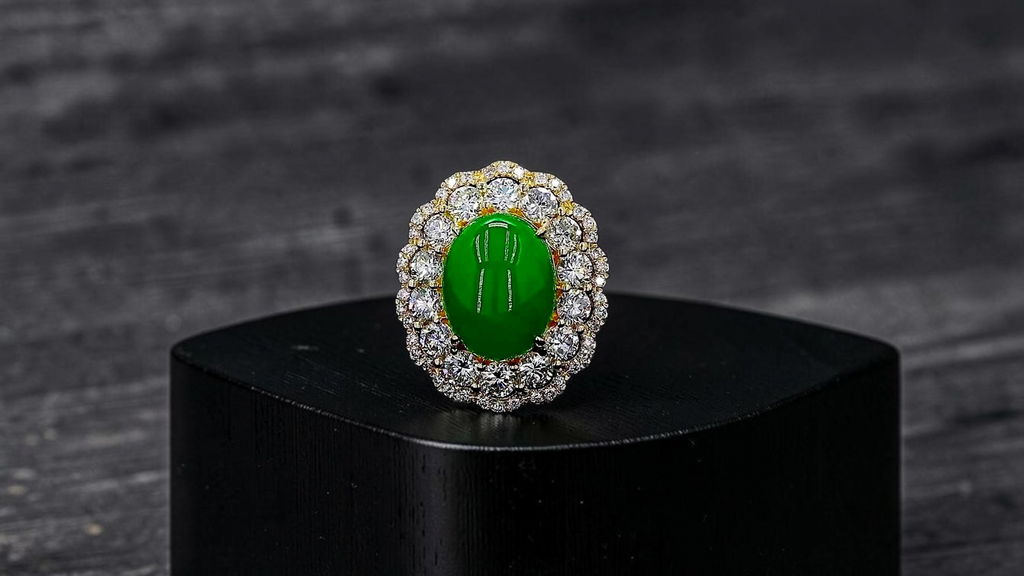 Yokote MADE IN JAPAN 6.29 cts. Certified Bright Imperial Green Burmese A-Jadeite Ring (with 18K Yellow Gold and White Diamonds) Size US7 - R28