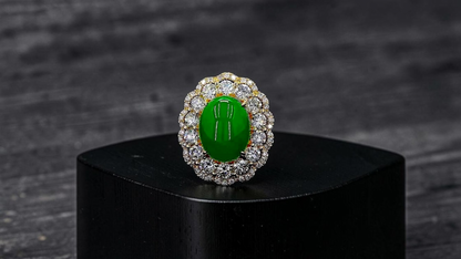 Yokote MADE IN JAPAN 6.29 cts. Certified Bright Imperial Green Burmese A-Jadeite Ring (with 18K Yellow Gold and White Diamonds) Size US7 - R28