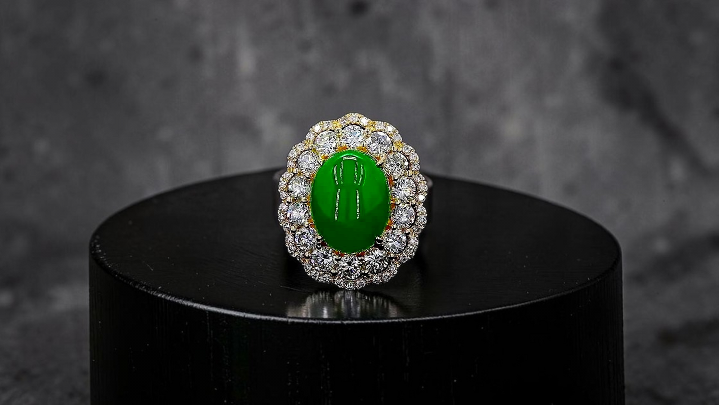 Yokote MADE IN JAPAN 6.29 cts. Certified Bright Imperial Green Burmese A-Jadeite Ring (with 18K Yellow Gold and White Diamonds) Size US7 - R28