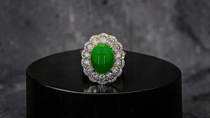 Yokote MADE IN JAPAN 6.29 cts. Certified Bright Imperial Green Burmese A-Jadeite Ring (with 18K Yellow Gold and White Diamonds) Size US7 - R28