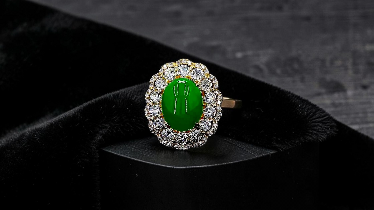 Yokote MADE IN JAPAN 6.29 cts. Certified Bright Imperial Green Burmese A-Jadeite Ring (with 18K Yellow Gold and White Diamonds) Size US7 - R28