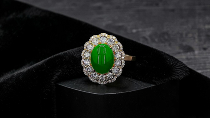 Yokote MADE IN JAPAN 6.29 cts. Certified Bright Imperial Green Burmese A-Jadeite Ring (with 18K Yellow Gold and White Diamonds) Size US7 - R28