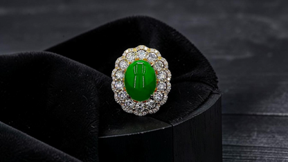 Yokote MADE IN JAPAN 6.29 cts. Certified Bright Imperial Green Burmese A-Jadeite Ring (with 18K Yellow Gold and White Diamonds) Size US7 - R28
