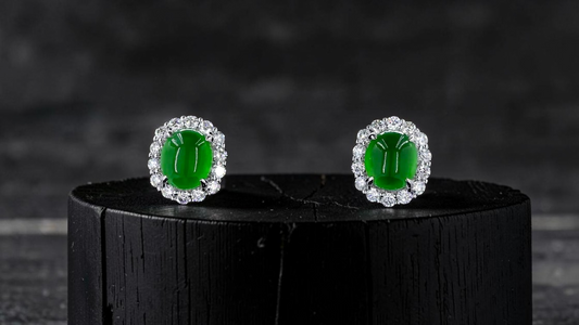 Eternal Sunshine 1.91 cts. Vivid Imperial Green Burmese A-Jade Stud Earrings (with 18K White Gold and White Diamonds) - Certified - V8