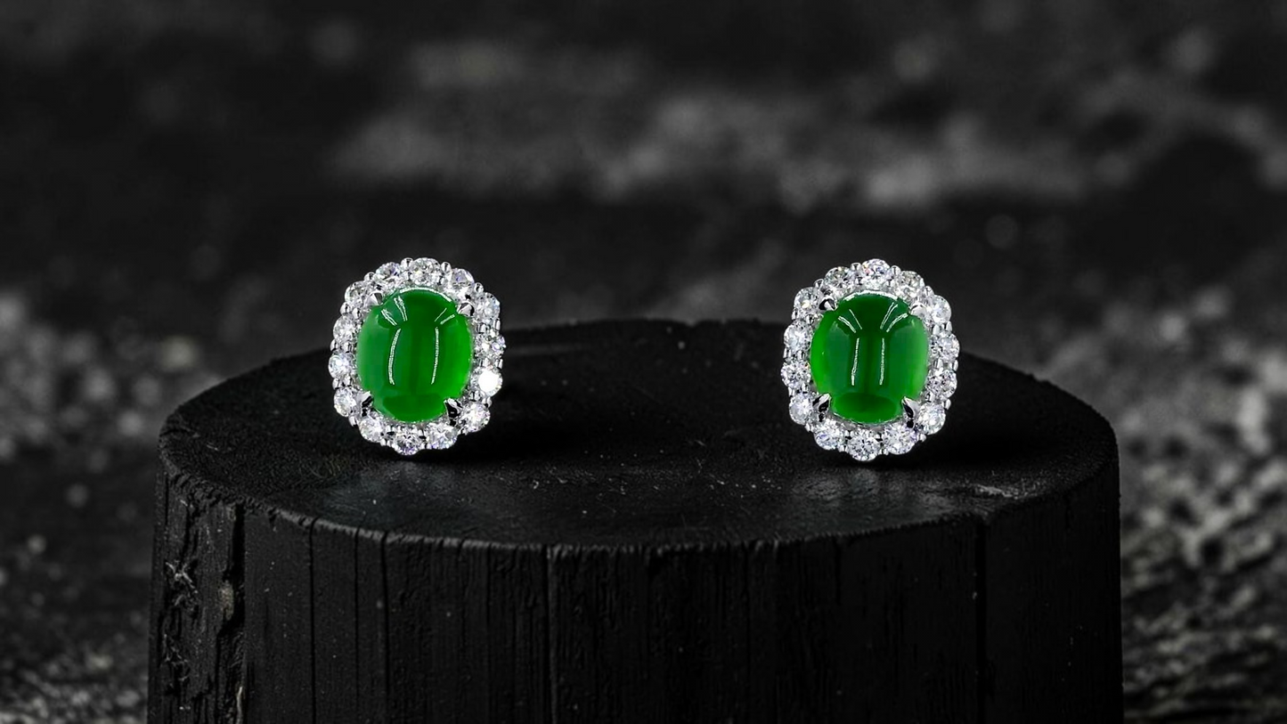 Eternal Sunshine 1.91 cts. Vivid Imperial Green Burmese A-Jade Stud Earrings (with 18K White Gold and White Diamonds) - Certified - V8