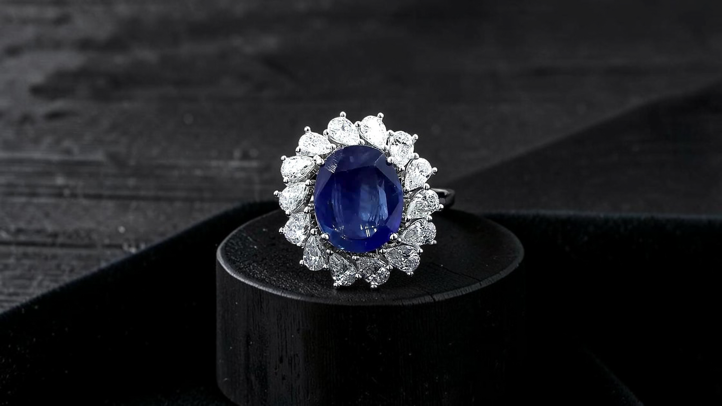 Aomori MADE IN JAPAN Certified Oval Shaped 4.432 cts. No Heat Burmese Natural Deep Blue Sapphire Ring with 18K White Gold and White Diamonds Size US 7  - R29