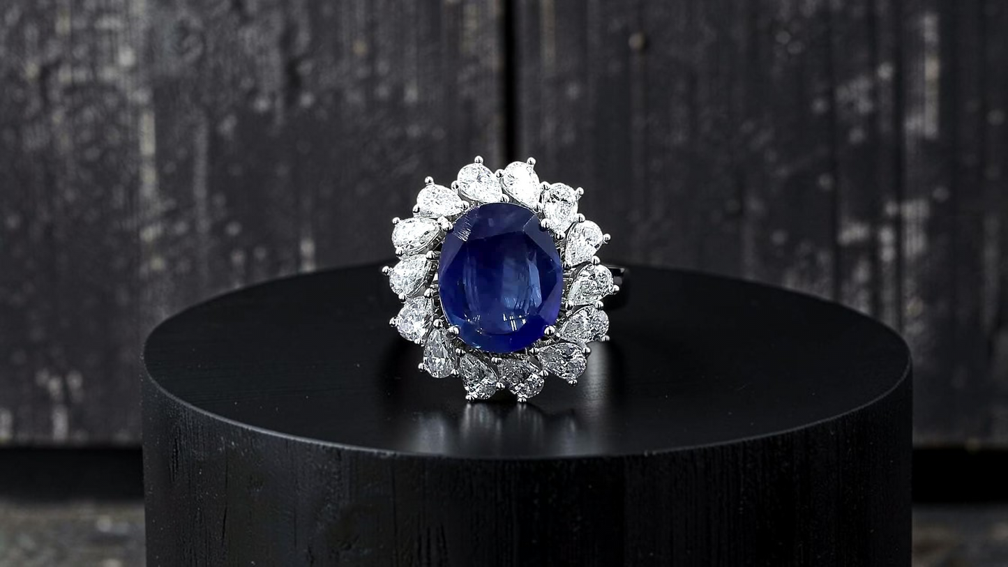 Aomori MADE IN JAPAN Certified Oval Shaped 4.432 cts. No Heat Burmese Natural Deep Blue Sapphire Ring with 18K White Gold and White Diamonds Size US 7  - R29