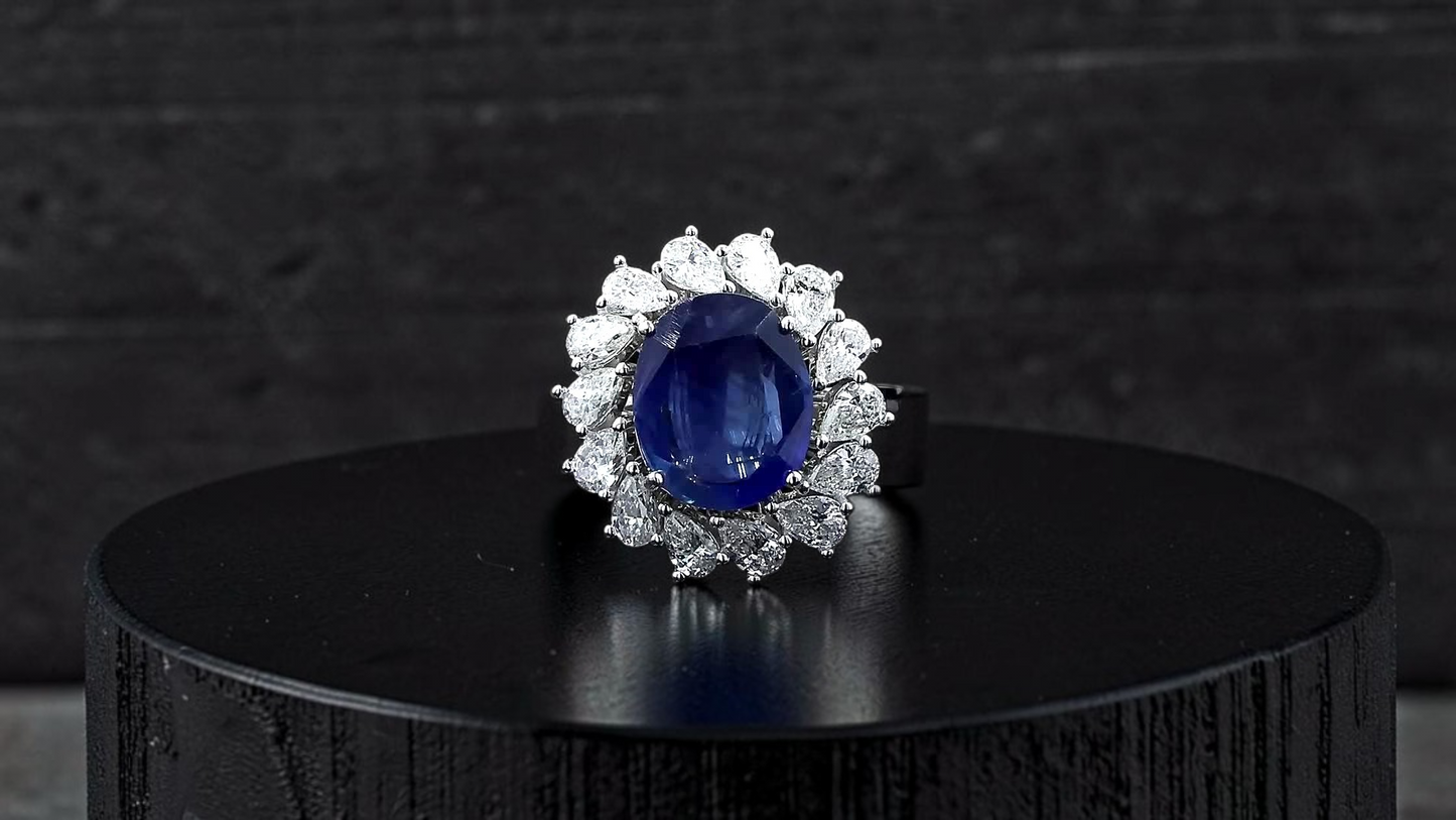 Aomori MADE IN JAPAN Certified Oval Shaped 4.432 cts. No Heat Burmese Natural Deep Blue Sapphire Ring with 18K White Gold and White Diamonds Size US 7  - R29