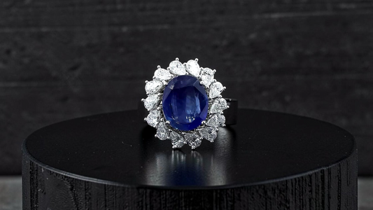 Aomori MADE IN JAPAN Certified Oval Shaped 4.432 cts. No Heat Burmese Natural Deep Blue Sapphire Ring with 18K White Gold and White Diamonds Size US 7  - R29