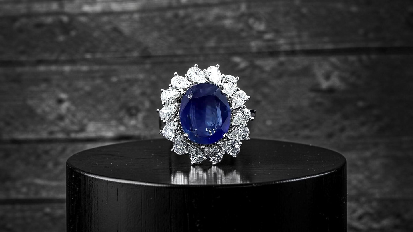 Aomori MADE IN JAPAN Certified Oval Shaped 4.432 cts. No Heat Burmese Natural Deep Blue Sapphire Ring with 18K White Gold and White Diamonds Size US 7  - R29