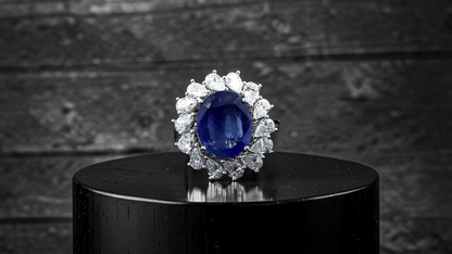 Aomori MADE IN JAPAN Certified Oval Shaped 4.432 cts. No Heat Burmese Natural Deep Blue Sapphire Ring with 18K White Gold and White Diamonds Size US 7  - R29