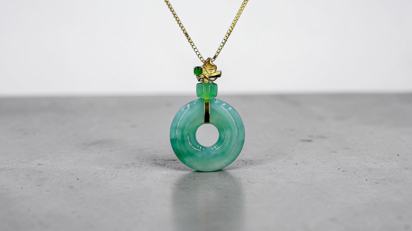 Inzai Round Icy Green Burmese A-Jadeite 16.10 mm Donut Disc Charm Pendant (with 18K Yellow Gold) - Certified V1