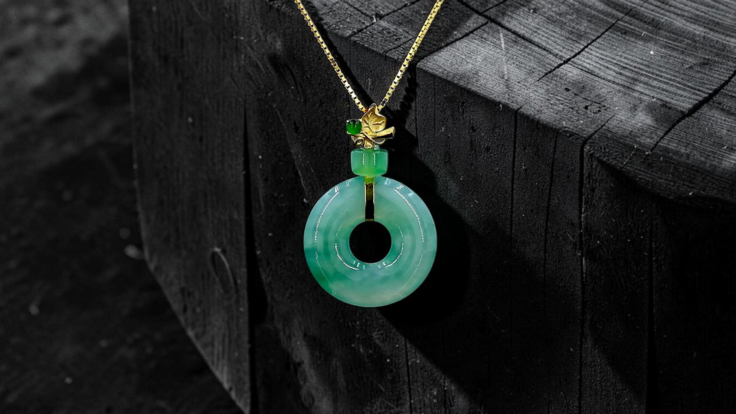 Inzai Round Icy Green Burmese A-Jadeite 16.10 mm Donut Disc Charm Pendant (with 18K Yellow Gold) - Certified V1