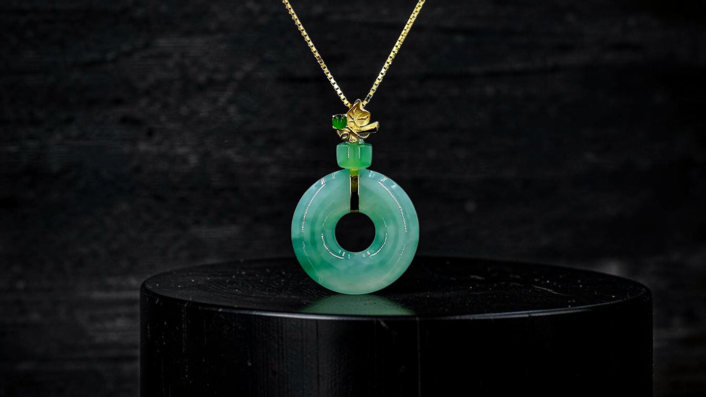 Inzai Round Icy Green Burmese A-Jadeite 16.10 mm Donut Disc Charm Pendant (with 18K Yellow Gold) - Certified V1
