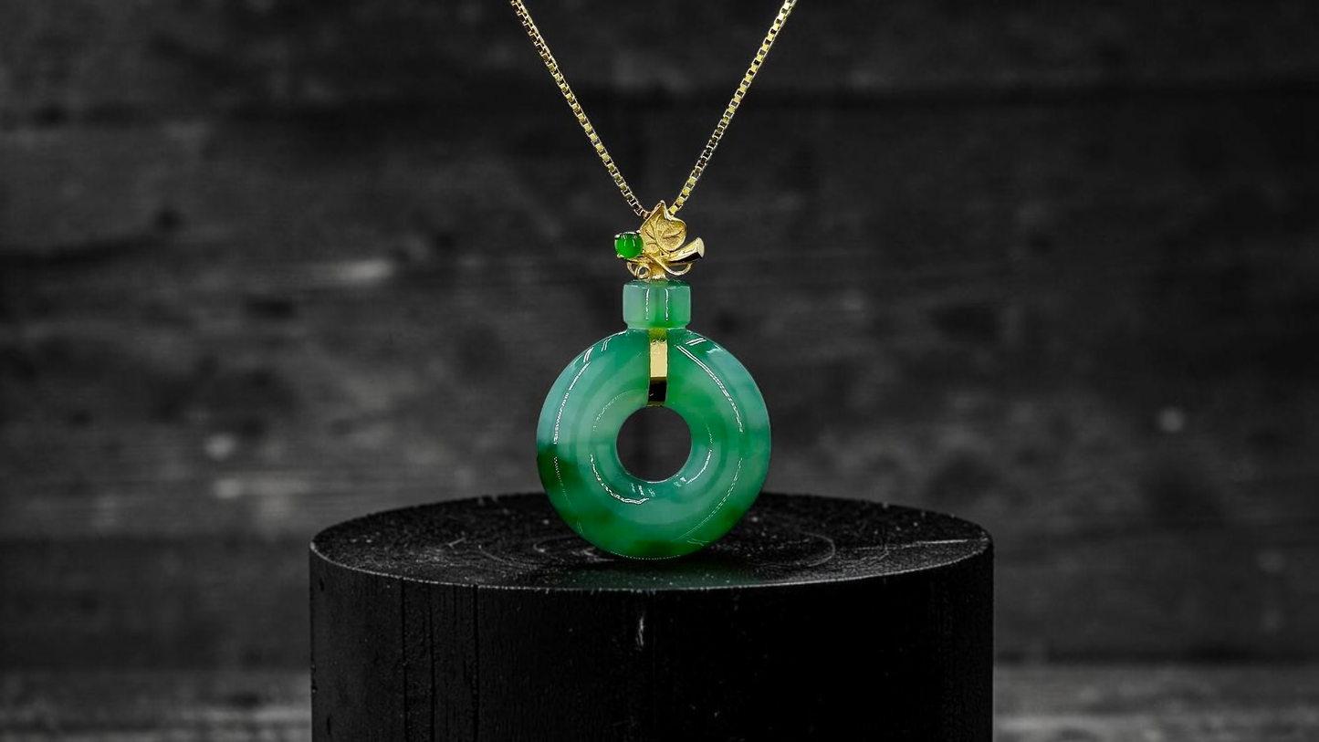 Inzai Round Icy Deep Green Burmese A-Jadeite 16.00 mm Donut Disc Charm Pendant (with 18K Yellow Gold) - Certified V2