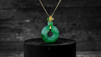 Inzai Round Icy Deep Green Burmese A-Jadeite 16.00 mm Donut Disc Charm Pendant (with 18K Yellow Gold) - Certified V2