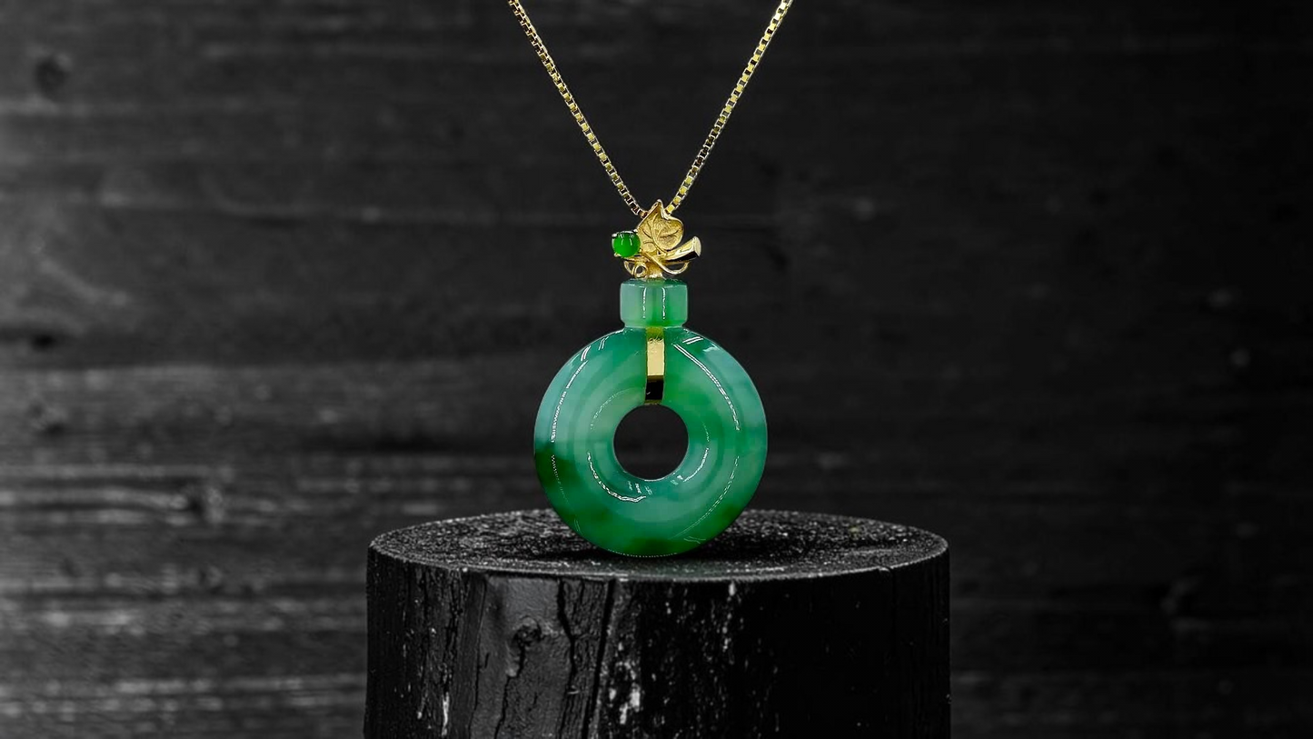 Inzai Round Icy Deep Green Burmese A-Jadeite 16.00 mm Donut Disc Charm Pendant (with 18K Yellow Gold) - Certified V2