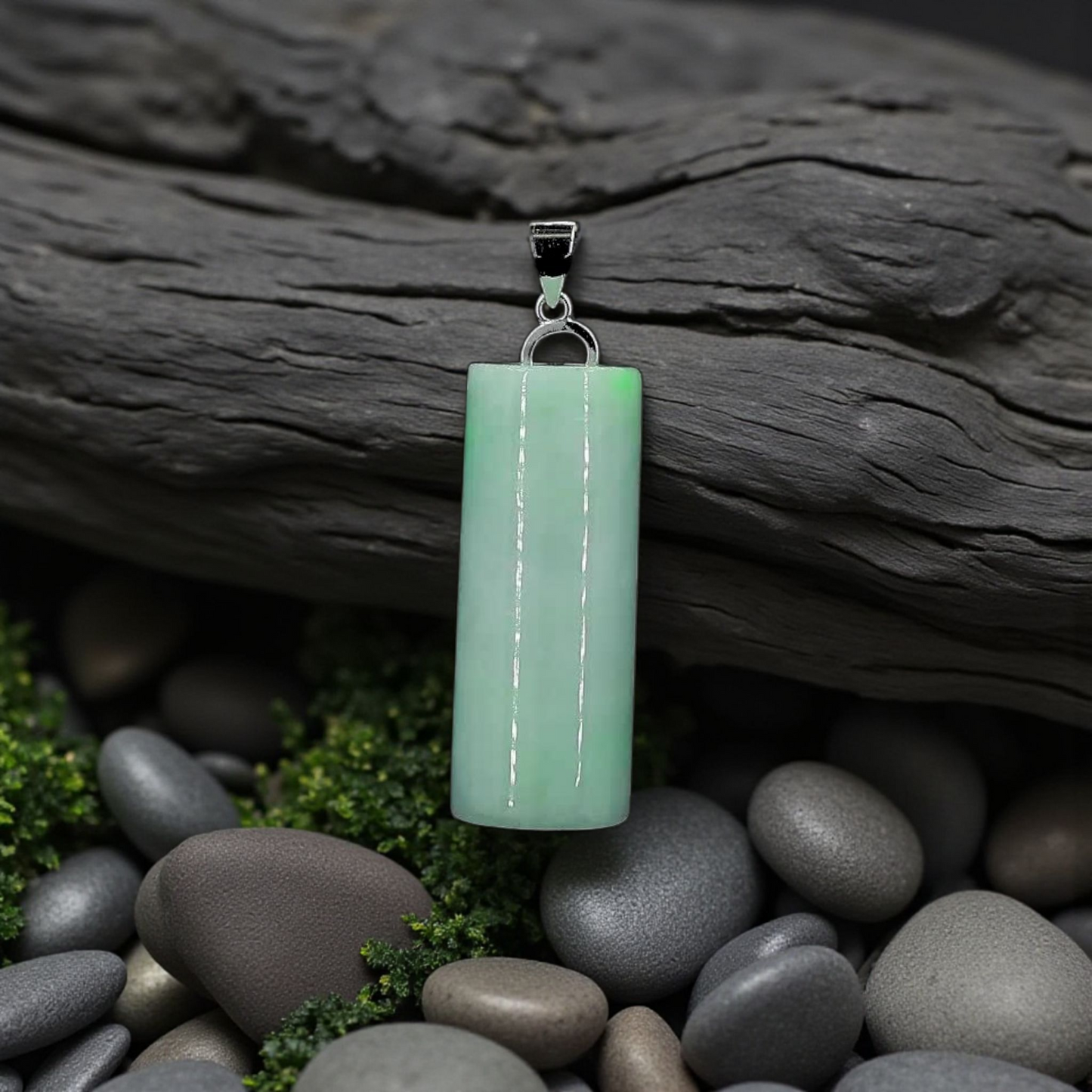 Hokkaido (MADE IN JAPAN) Tube Burmese A-Jadeite Charm Pendant (with 18K Solid White Gold) - Certified - V3