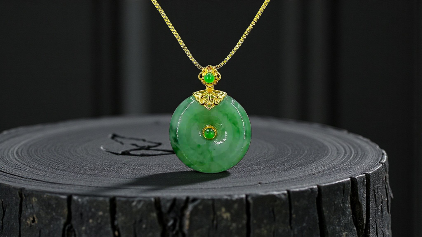 Emperors' Round Burmese A-Jadeite 19.50 mm Donut Pendant (with 18K Yellow Gold) - Certified - V10
