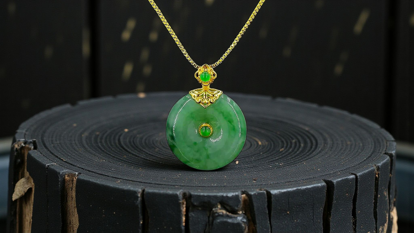 Emperors' Round Burmese A-Jadeite 19.50 mm Donut Pendant (with 18K Yellow Gold) - Certified - V10