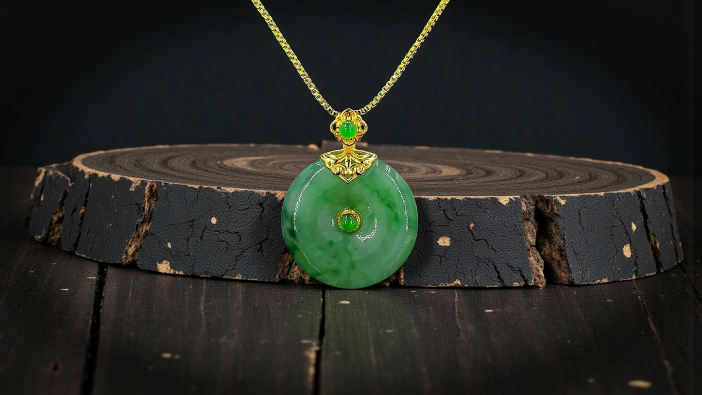 Emperors' Round Burmese A-Jadeite 19.50 mm Donut Pendant (with 18K Yellow Gold) - Certified - V10