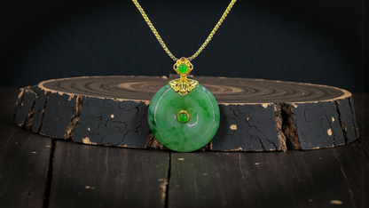 Emperors' Round Burmese A-Jadeite 19.50 mm Donut Pendant (with 18K Yellow Gold) - Certified - V10