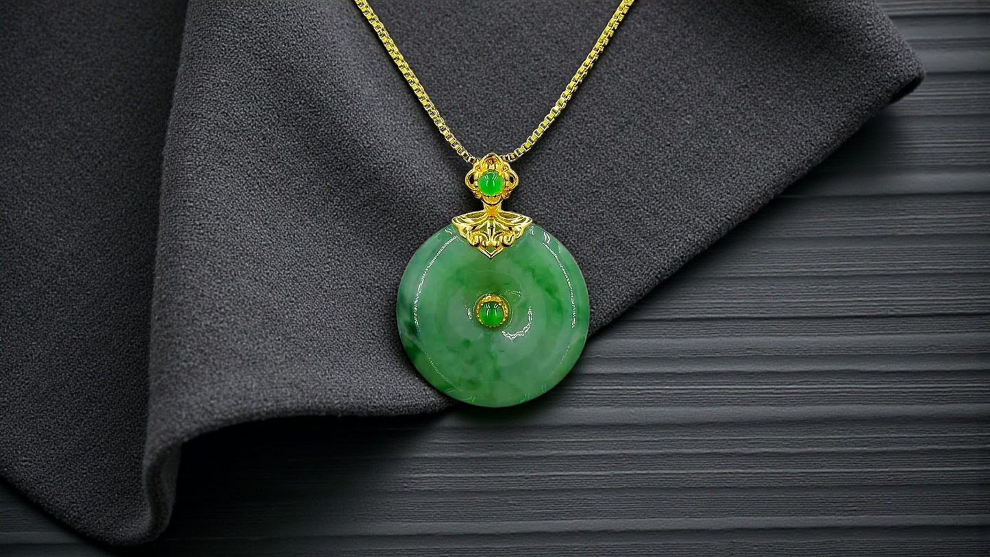 Emperors' Round Burmese A-Jadeite 19.50 mm Donut Pendant (with 18K Yellow Gold) - Certified - V10
