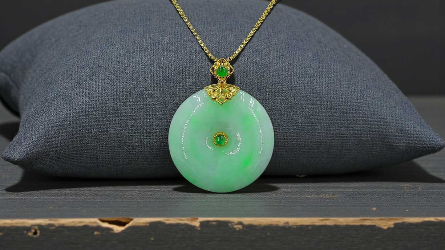 Emperors' Round Burmese A-Jadeite 24.00 mm Donut Pendant (with 18K Yellow Gold) - Certified - V12
